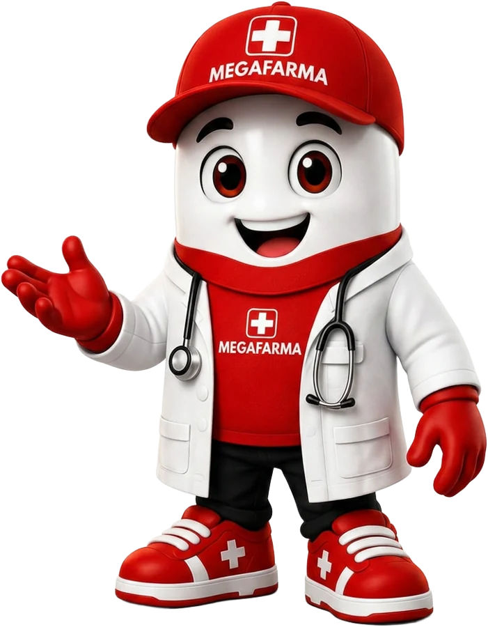 Mascote da Drogaria Megafarma, em jaleco de farmacêutico, dando boas-vindas